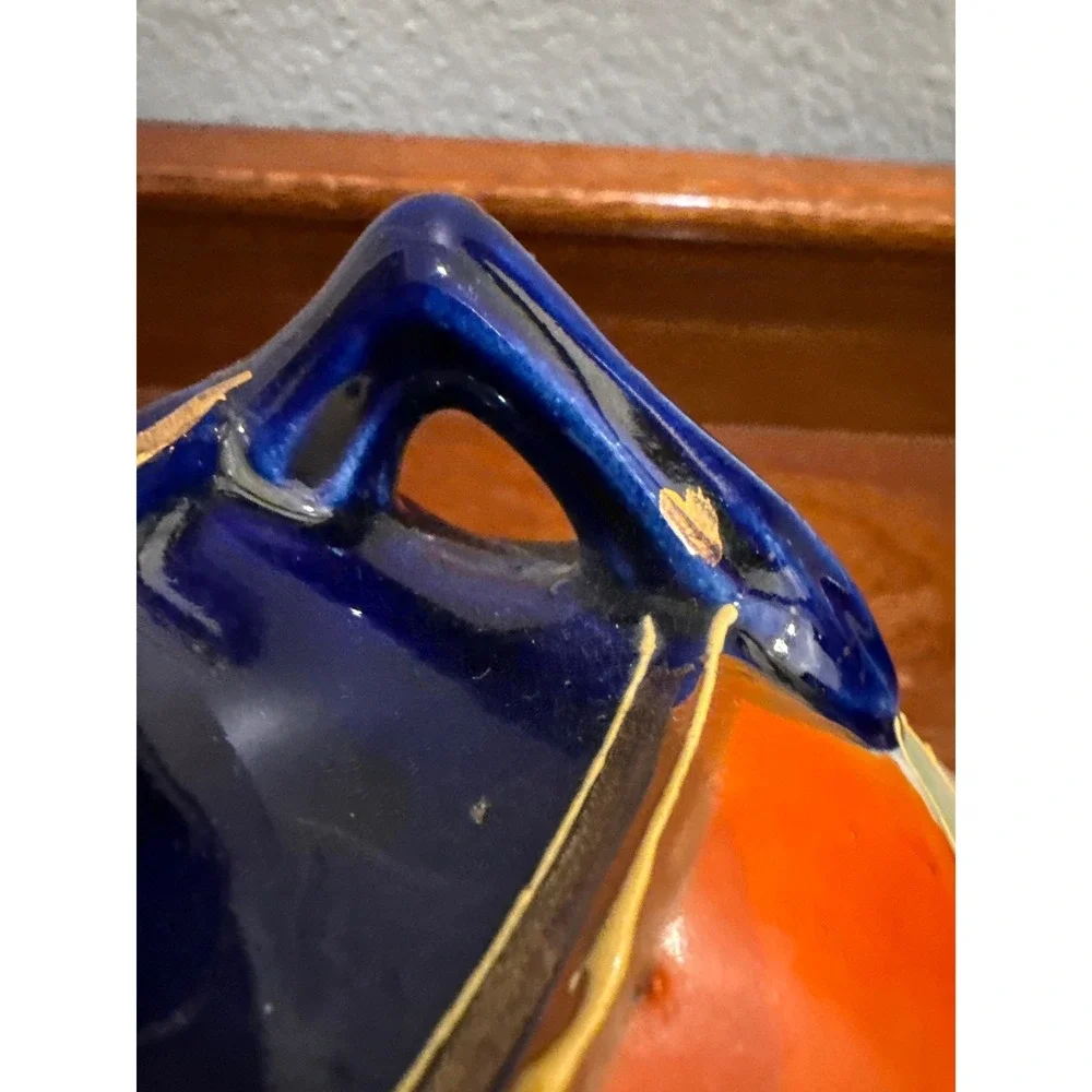 Vintage Japanese Vase Cobalt Blue Orange Landscape Scene Gold Trim Handles 6.75